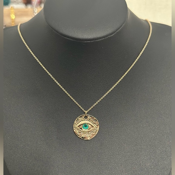 EXPRESS Gold-Tone Evil Eye Pendant Necklace – Teal Glass Center - Picture 4 of 8